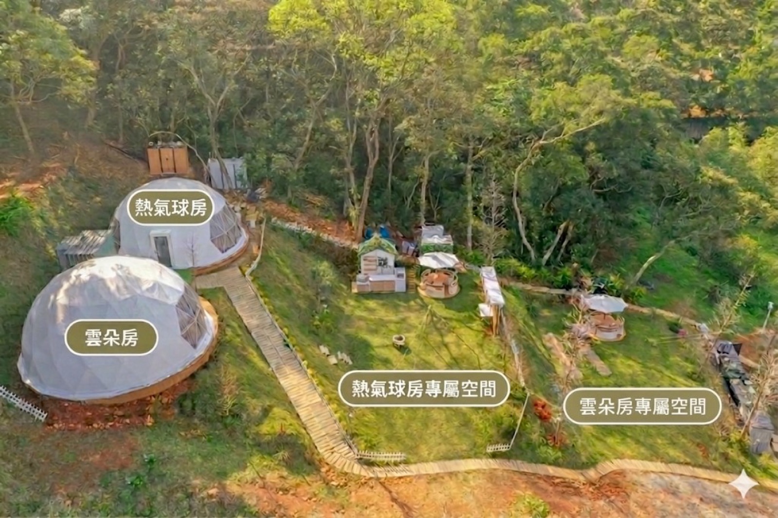 桃園楊梅雲朵房熱氣球房空拍配置圖 圓頂帳篷專屬草地 揪好森露營區 森林豪華露營